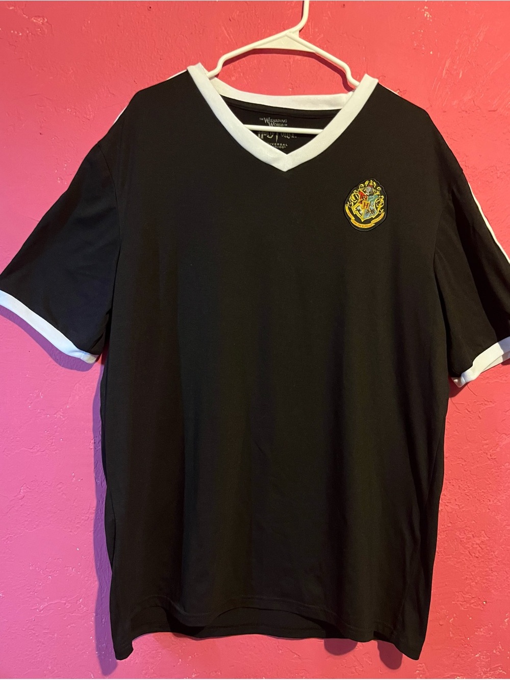 Black V-Neck Short Sleeve Tee with White Trim and Crest Patch